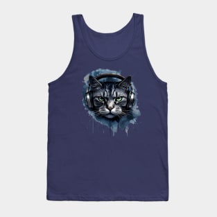 Intense Cat Face With Headphones Tank Top
